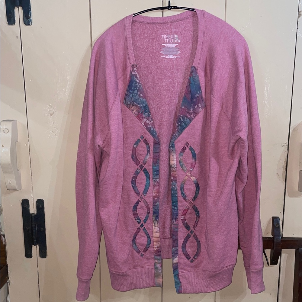 Handmade Quilted Pink Cardigan with Patterned Trim, XL
